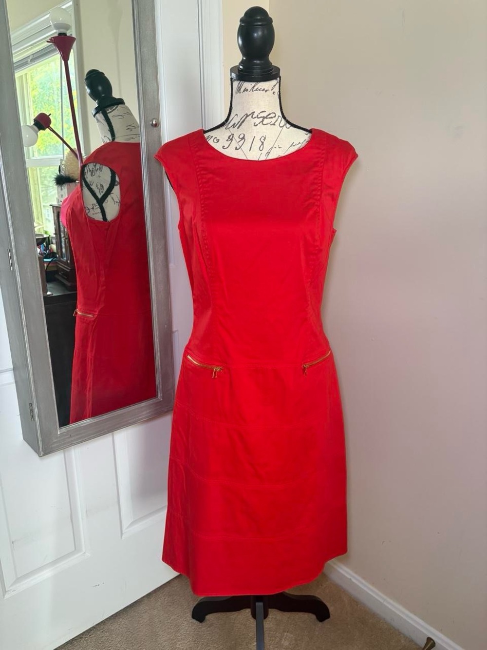 Calvin Klein Red Midi Sheath Dress with Gold Zipper Pockets